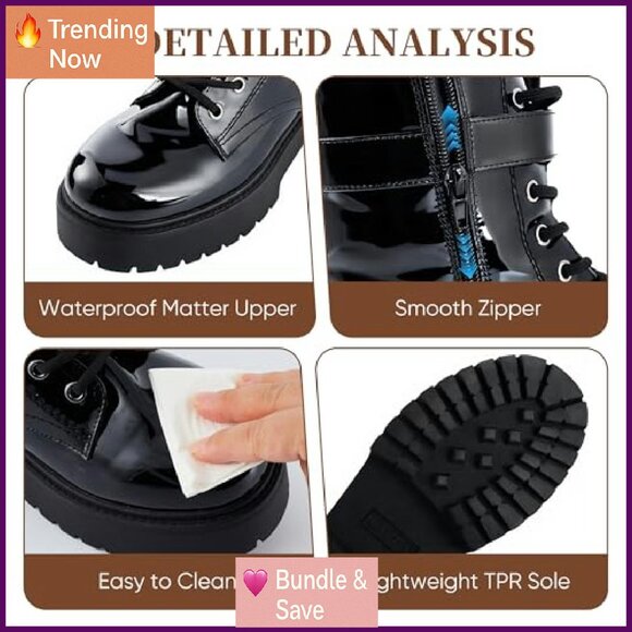 Chunky Heel Patent Leather Combat Boots, Side Zipper & Lace-Up Ankle Booties - Picture 5 of 8